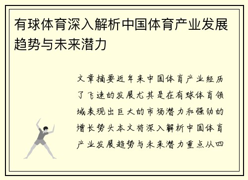 有球体育深入解析中国体育产业发展趋势与未来潜力